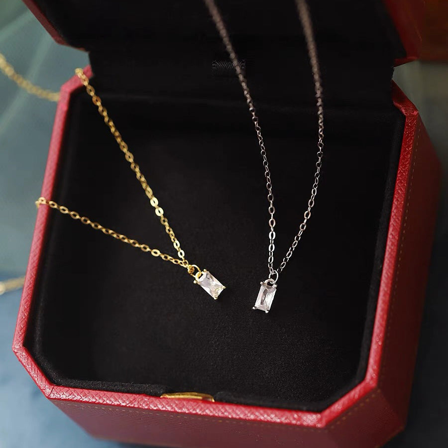 Simple Geometry Baguette CZ 925 Sterling Silver Curb Chain Necklace