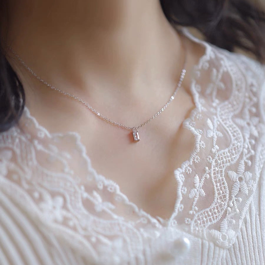 Simple Geometry Baguette CZ 925 Sterling Silver Curb Chain Necklace