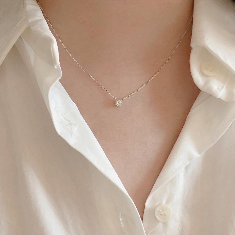 Simple Four Claws Round CZ 925 Sterling Silver Necklace