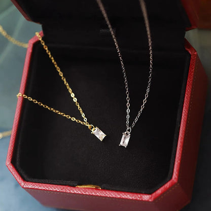 Simple Geometry Baguette CZ 925 Sterling Silver Curb Chain Necklace