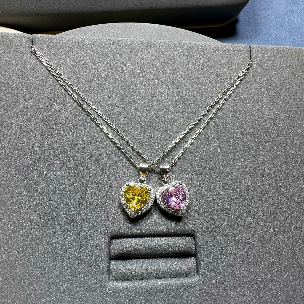 Heart Yellow/Pink CZ Love 925 Sterling Silver Necklace