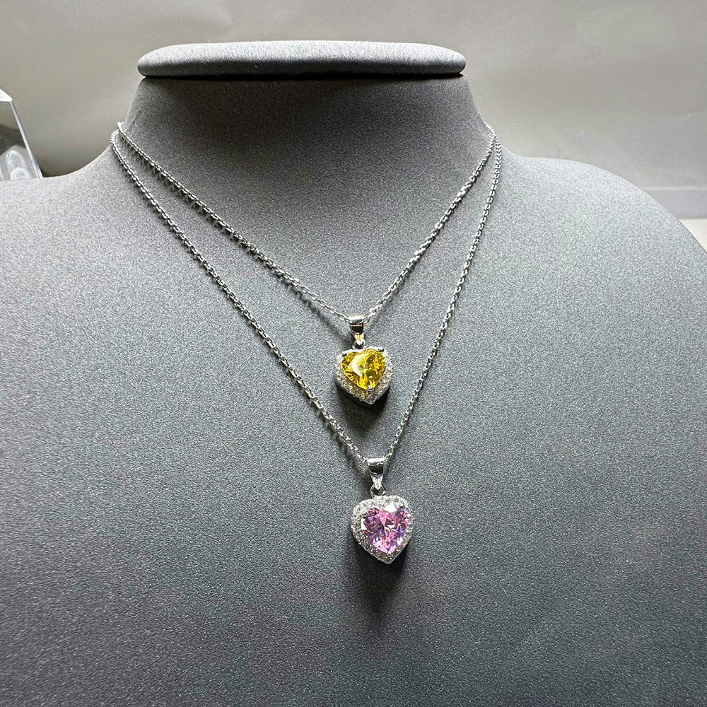 Heart Yellow/Pink CZ Love 925 Sterling Silver Necklace