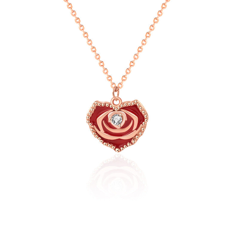 Beautiful Red Rose Flower Heart CZ 925 Sterling Silver Necklace