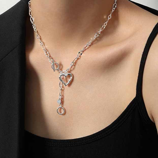 Women Hollow Heart OT Chain 925 Sterling Silver Necklace