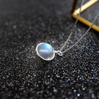 Women Round Natural Moonstone 925 Sterling Silver Necklace