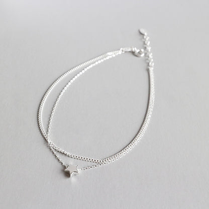 Casual Double Layers Rolo Chain Mini Star 925 Sterling Silver Anklet