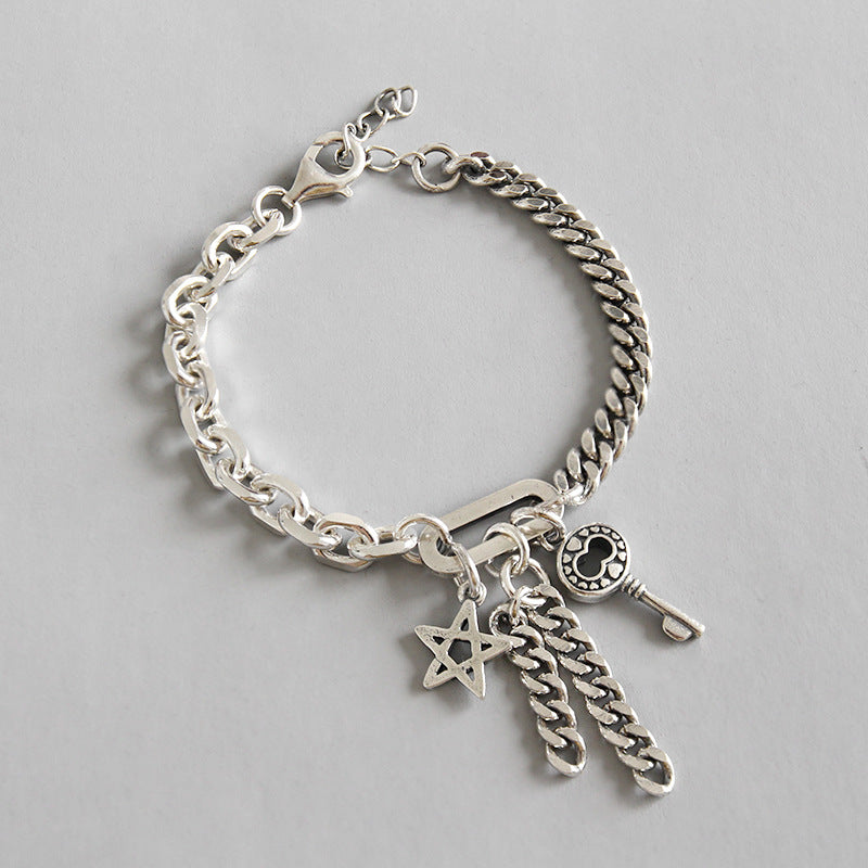 Vintage Style Asymmetry Curb Chain Hollow Star Key Tassel 925 Sterling Silver Charm Bracelet