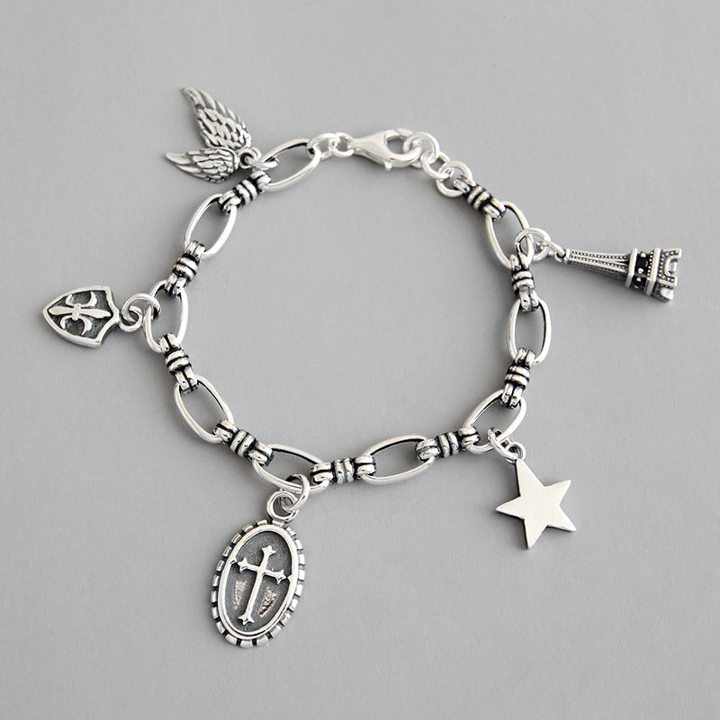 Vintage Cross, Star, Wings Eiffel, Tower, Shield 925 Sterling Silver Bracelet