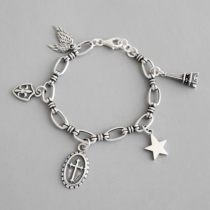 Vintage Cross, Star, Wings Eiffel, Tower, Shield 925 Sterling Silver Bracelet