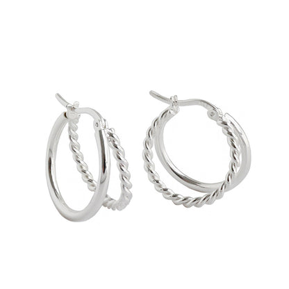 Simple Double Layers Twisted 925 Sterling Silver Hoop Earrings