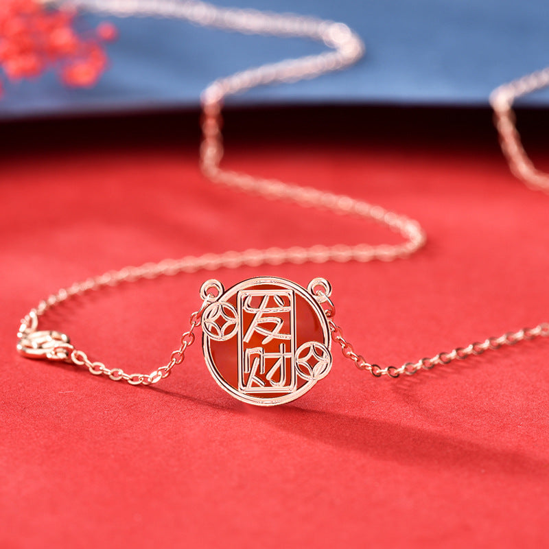 Fashion Red Agate Chinese Fa Cai Coin 925 Sterling Silver Necklace