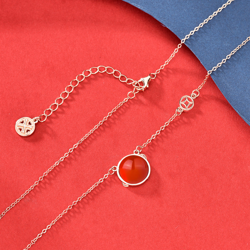 Fashion Red Agate Chinese Fa Cai Coin 925 Sterling Silver Necklace