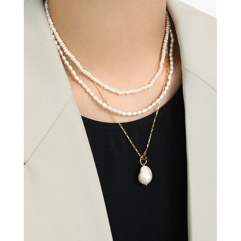 Elegant Women Irregular Natural Pearls 925 Sterling Silver Necklace