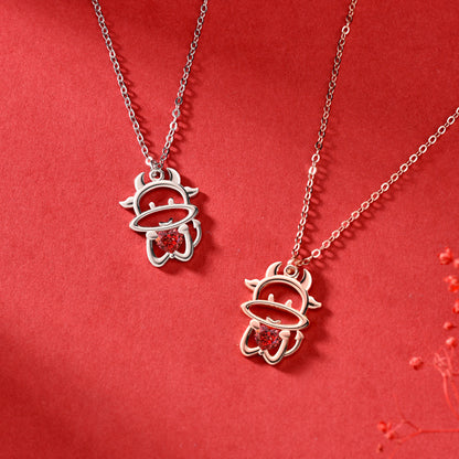 Cute Red CZ Hollow Chinese Zodiac Cattle 925 Sterling Silver Necklace