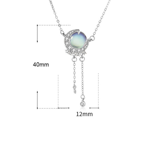 Holiday Natural Moonstone Star CZ Crescent Moon 925 Sterling Silver Necklace