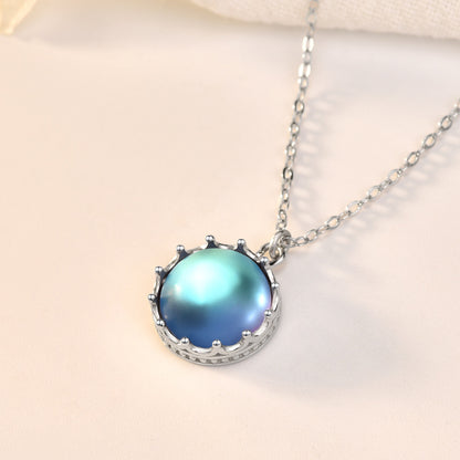 Beautiful Round Natural Moonstone Sea 925 Sterling Silver Necklace