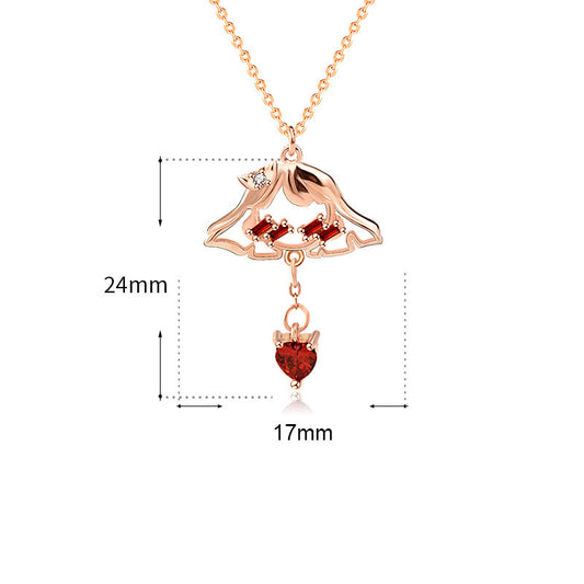 Sweet Red CZ Shy Girl Heart 925 Sterling Silver Necklace