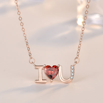 Wedding Red CZ I Love You Letters 925 Sterling Silver Necklace