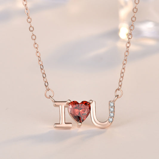 Wedding Red CZ I Love You Letters 925 Sterling Silver Necklace