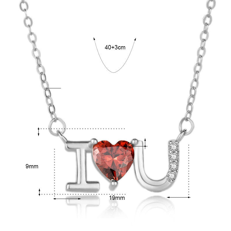 Wedding Red CZ I Love You Letters 925 Sterling Silver Necklace