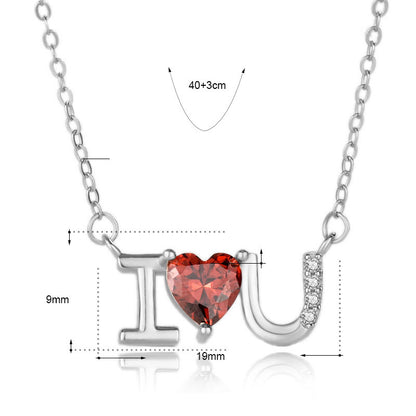 Wedding Red CZ I Love You Letters 925 Sterling Silver Necklace