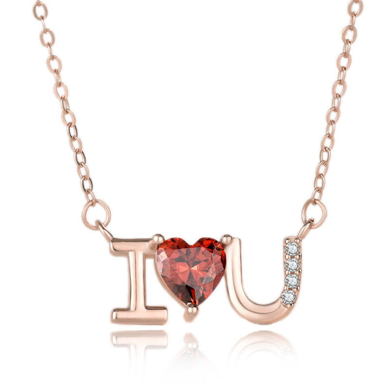 Wedding Red CZ I Love You Letters 925 Sterling Silver Necklace