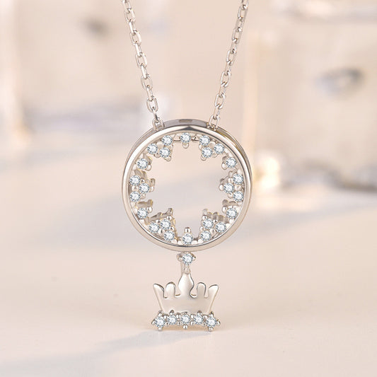 Elegant CZ Circle Crown 925 Sterling Silver Necklace