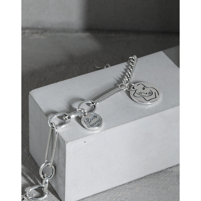 Curb Paperclip Chain Portrait Vintage 925 Sterling Silver Charm Bracelet