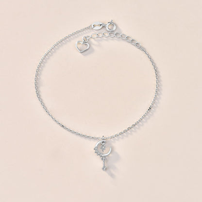 Sweet CZ Crescent Moon Star 925 Sterling Silver Bracelet