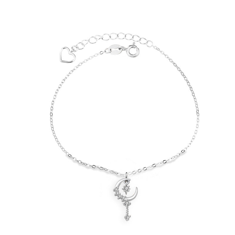 Sweet CZ Crescent Moon Star 925 Sterling Silver Bracelet