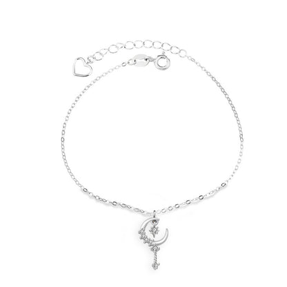 Sweet CZ Crescent Moon Star 925 Sterling Silver Bracelet