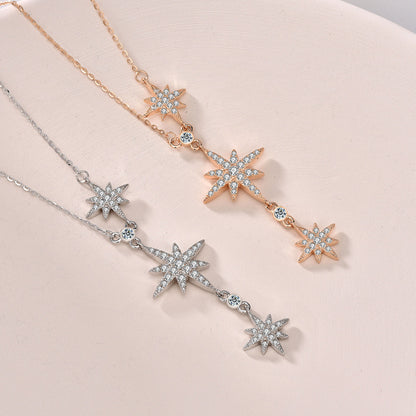 Women CZ Octagonal Star Tassels 925 Sterling Silver Necklace