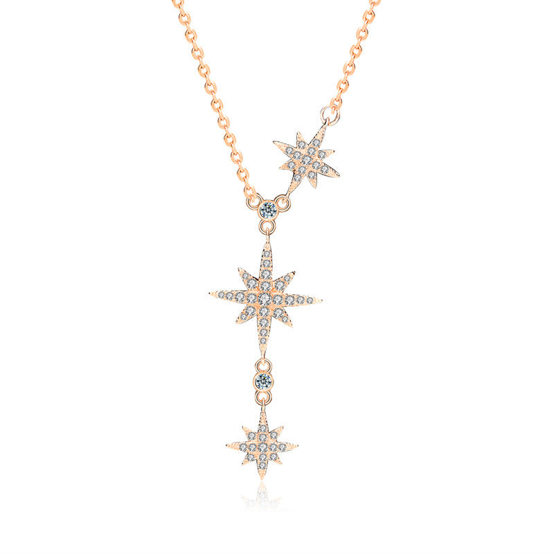 Women CZ Octagonal Star Tassels 925 Sterling Silver Necklace