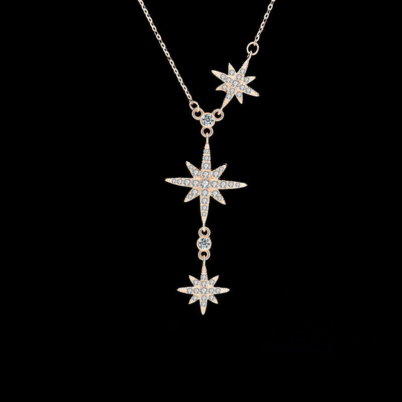 Women CZ Octagonal Star Tassels 925 Sterling Silver Necklace