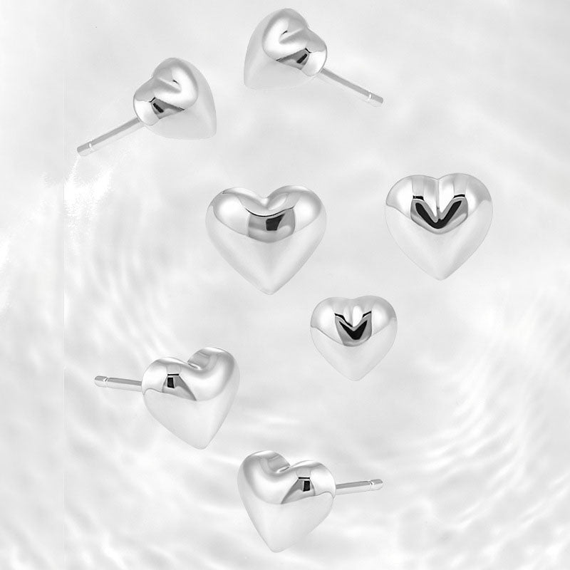 Cute Mini 3D 925 Sterling Silver Simple Love Heart Stud Earrings