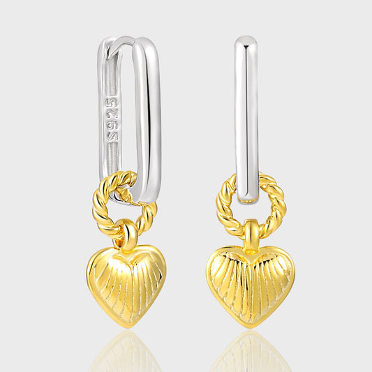 18k Yellow Twisted Heart 925 Sterling Silver Leverback Dangling Earrings