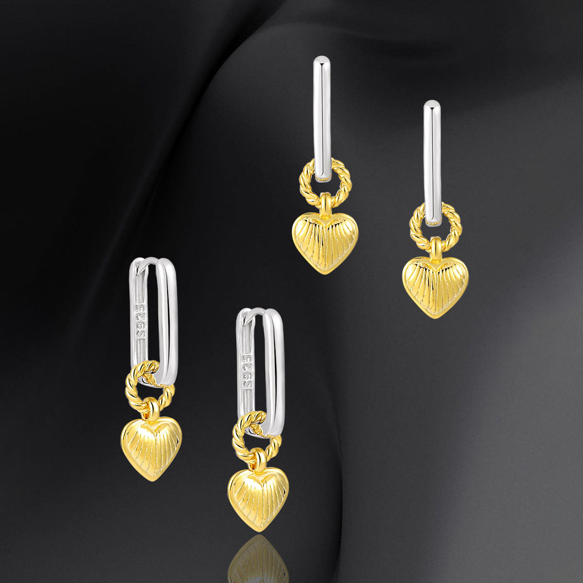 18k Yellow Twisted Heart 925 Sterling Silver Leverback Dangling Earrings