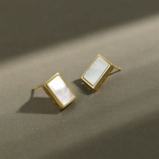 Geometric Rectangle Shell 18k & 925 Sterling Silver Stud Earrings