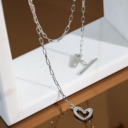 Women Irregular Hollow Heart LOVE Letter 925 Sterling Silver Necklace