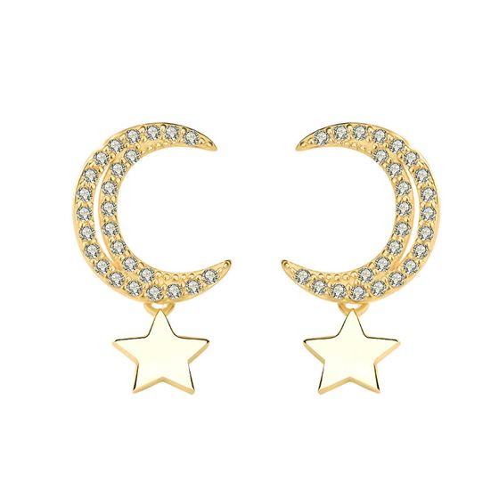 CZ Crescent Moon Stars Sweet 925 Sterling Silver Stud Earrings