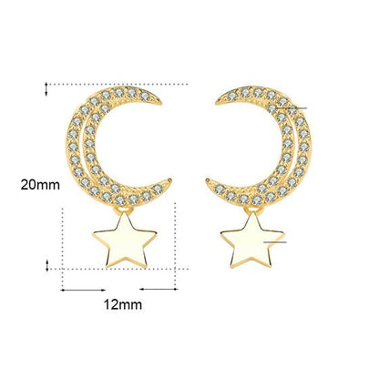 CZ Crescent Moon Stars Sweet 925 Sterling Silver Stud Earrings