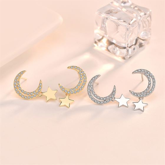 CZ Crescent Moon Stars Sweet 925 Sterling Silver Stud Earrings