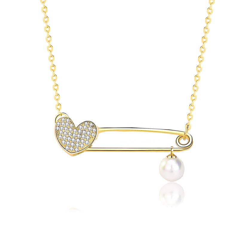 CZ Heart Safety Pin Natural Pearl 925 Sterling Silver Necklace