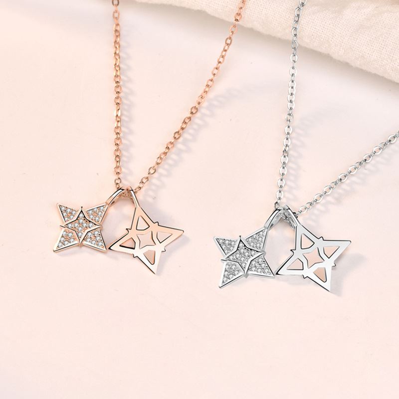 Modern CZ Quadrangular Star Hollow Gold 925 Sterling Silver Necklace