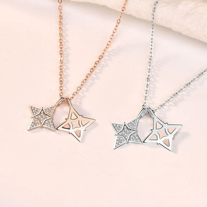 Modern CZ Quadrangular Star Hollow Gold 925 Sterling Silver Necklace