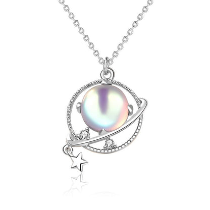 Gift Natural Moonstone Dream Planet Stars 925 Sterling Silver Necklace