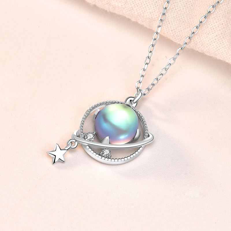 Gift Natural Moonstone Dream Planet Stars 925 Sterling Silver Necklace