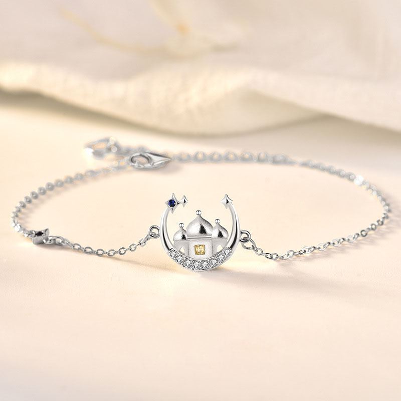 Gift CZ Castle Crescent Moon Star 925 Sterling Silver Bracelet