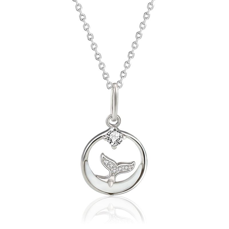 Natural Mother of Shell Ocean CZ Mermaid Tail 925 Sterling Silver Necklace