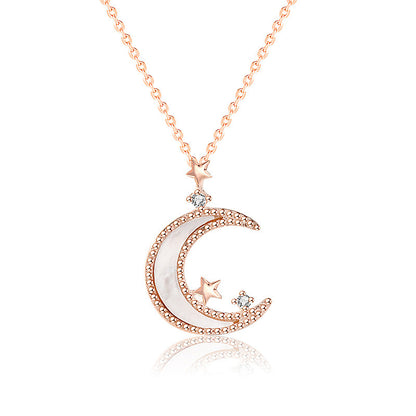 Classic Mother of Shell Crescent Moon Star 925 Sterling Silver Necklace